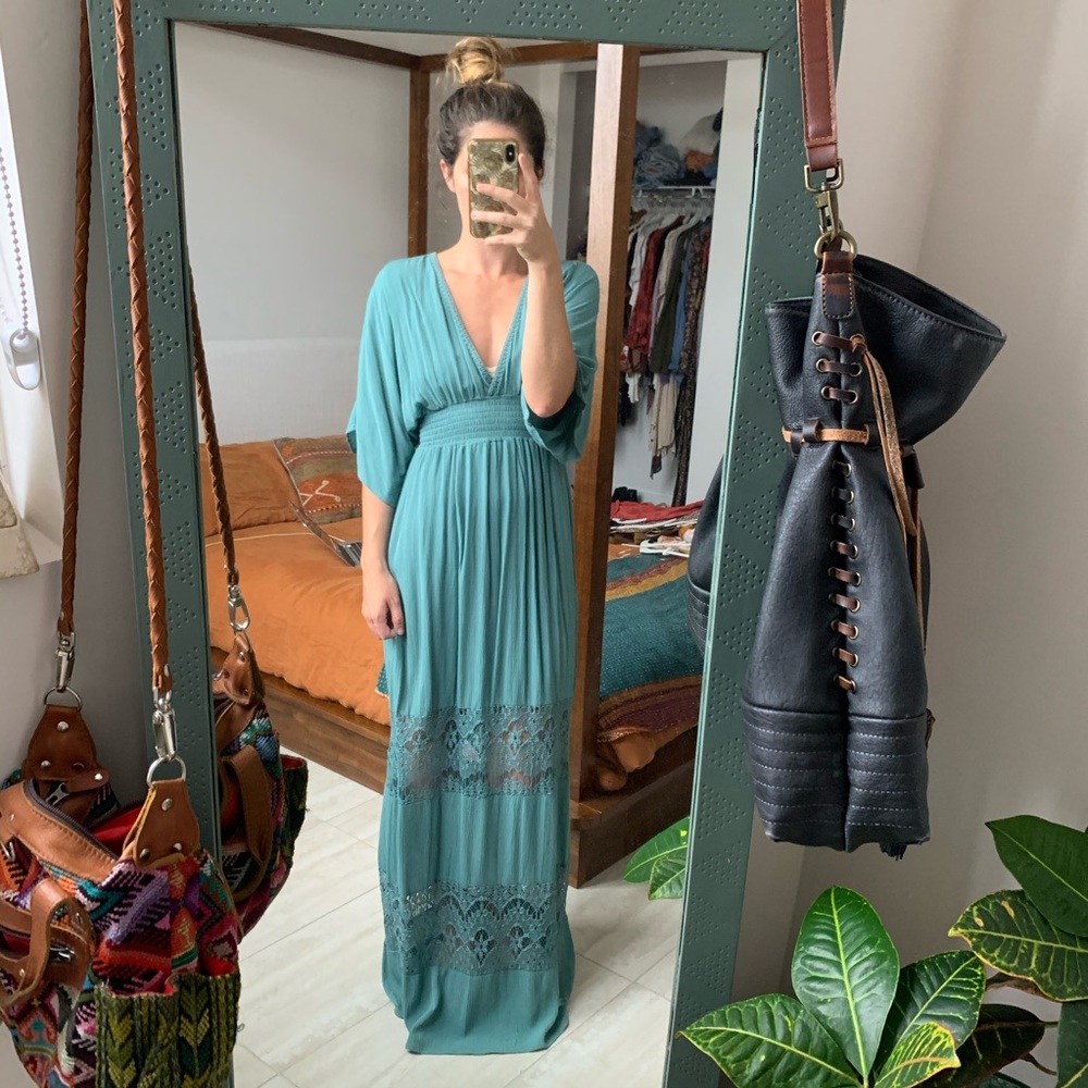 Francesca's Collections Teal Maxi Dress with Lace Panels